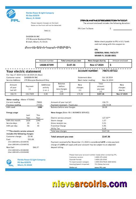 USA Florida Power & Light Company (FPL) electricity business utility bill